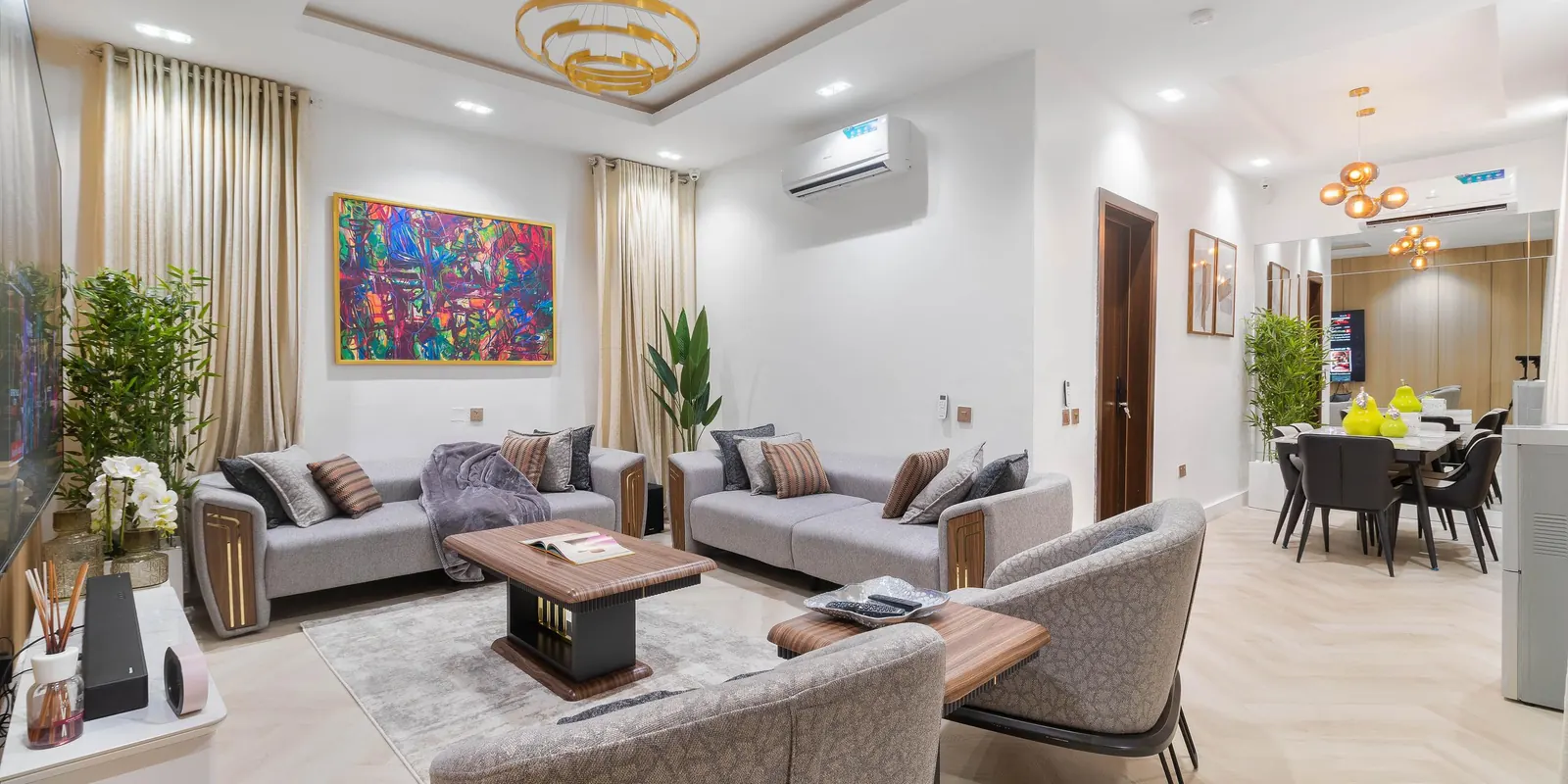 Open-plan living and dining area at MJ's Haven Lekki